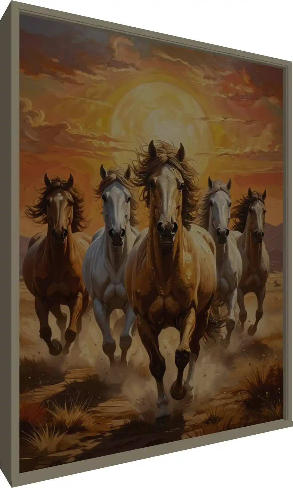 Dynamic Seven Horses Vastu Portrait — floater frame preview | PrintPosters.in